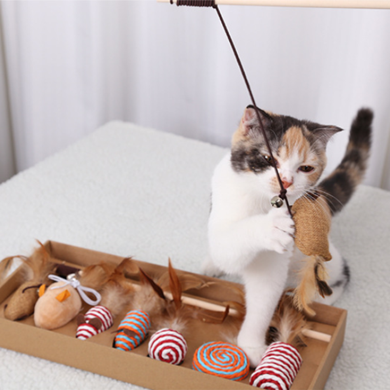 Wood Cat Toy Feather Set Interactive For Pets Fishing Rod Funny Pet Products Mouse Paw Games Cute Toys Linen Cats Stick Dropship