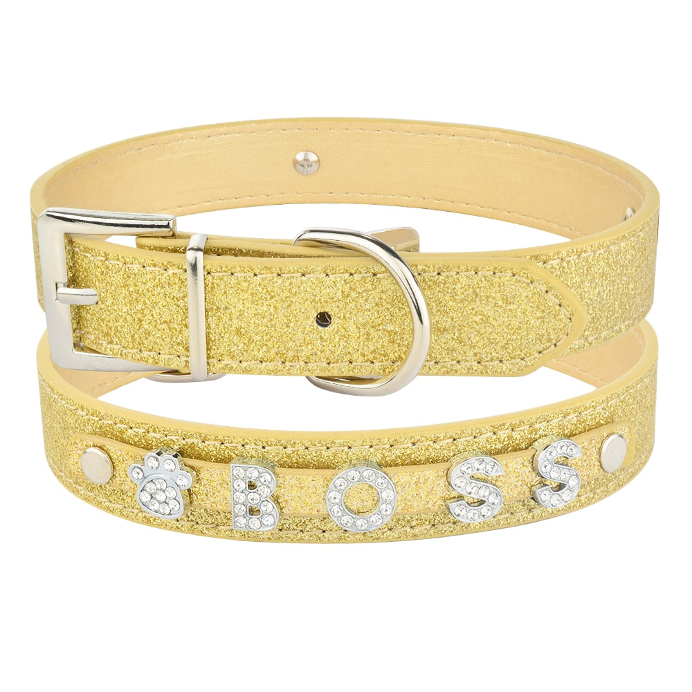 EIMELI Gold Bling Diamond Giltter Leather Fashion Collar with Ring for Tags  for Small Dogs,Cat,Puppy and Kitty Walking Travel Party Gifts Tedd, Poodle