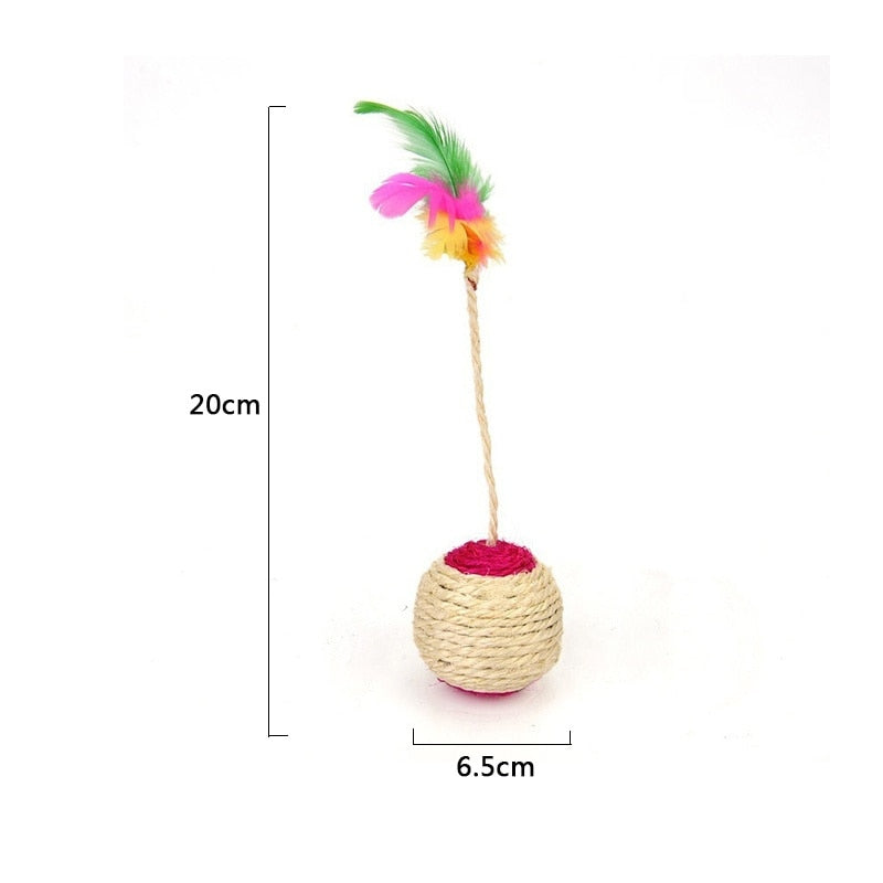Cat sisal scratching ball Interactive pet feather toy Durable cat plaything Sisal material cat accessory Energetic cat entertainment Healthy cat exercise Stress relief cat toy Boredom-busting cat play Happy pet supplies Long-lasting cat fun