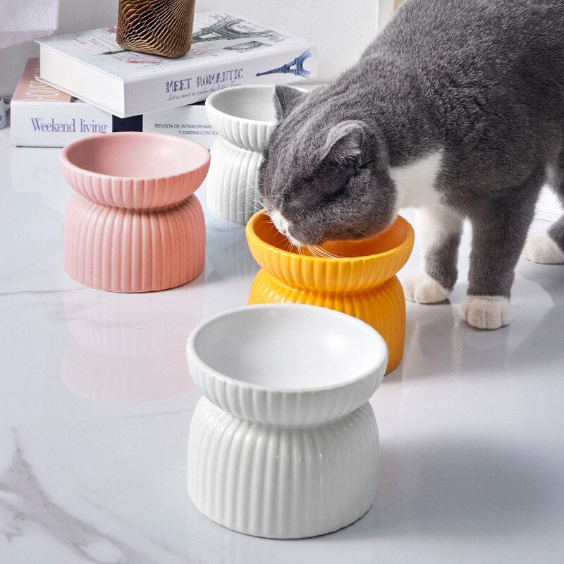 Cat Striped Ceramic Bowl Elevated Small Dog Food Water Feeders Pet Non-slip Matte Food Basin Puppy Cats Drinking Eating Dish