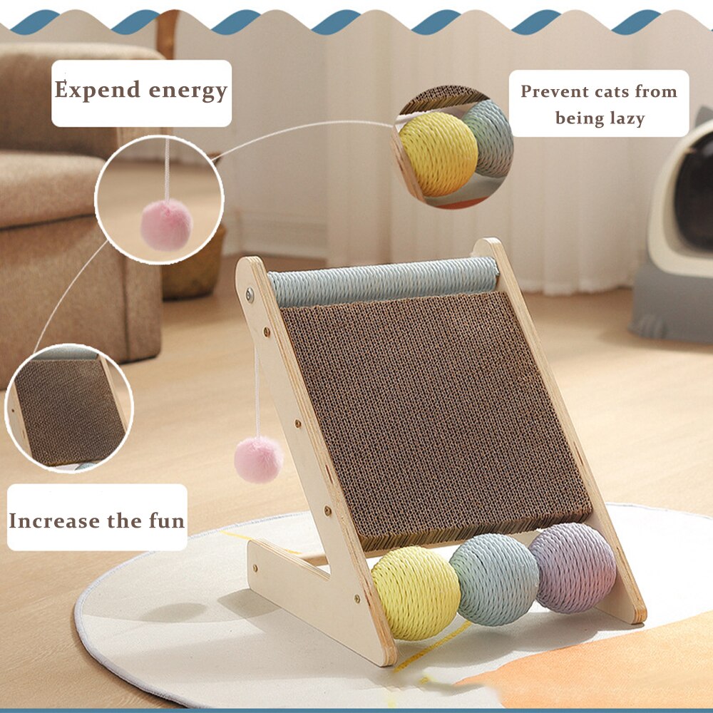 Cat Toy Solid Wood Triangle Cat Scratching Board Corrugated Paper Sisal Rope Teasing Cat Stick Hair Ball Cat Scratching Post