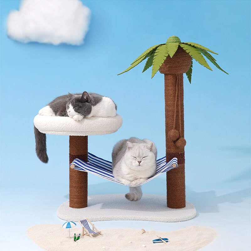 Coconut tree scratch tower Cat playground toy Sturdy cat scratcher Cat exercise equipment Tropical cat tree Sisal-wrapped cat tower Interactive cat toy Fun cat furniture Happy and healthy cats Premium pet products