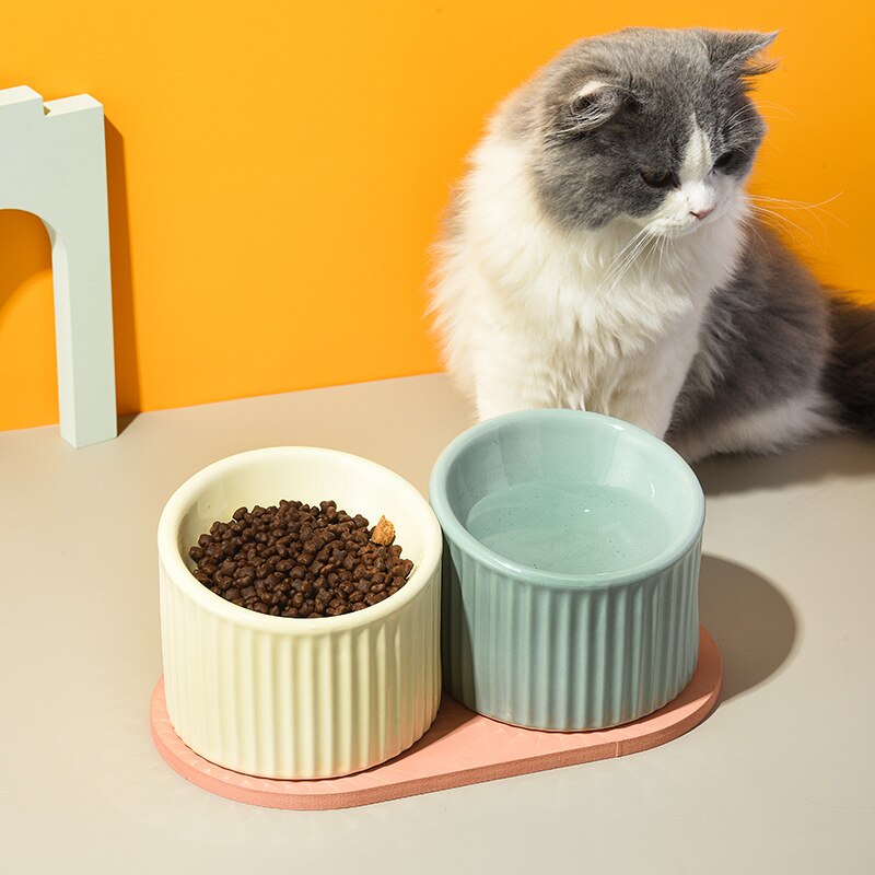 Ceramic Cat Water Bowl Striped Small Dogs Food Feeders Elevated Pet Drinking Eating Feeding Bowls