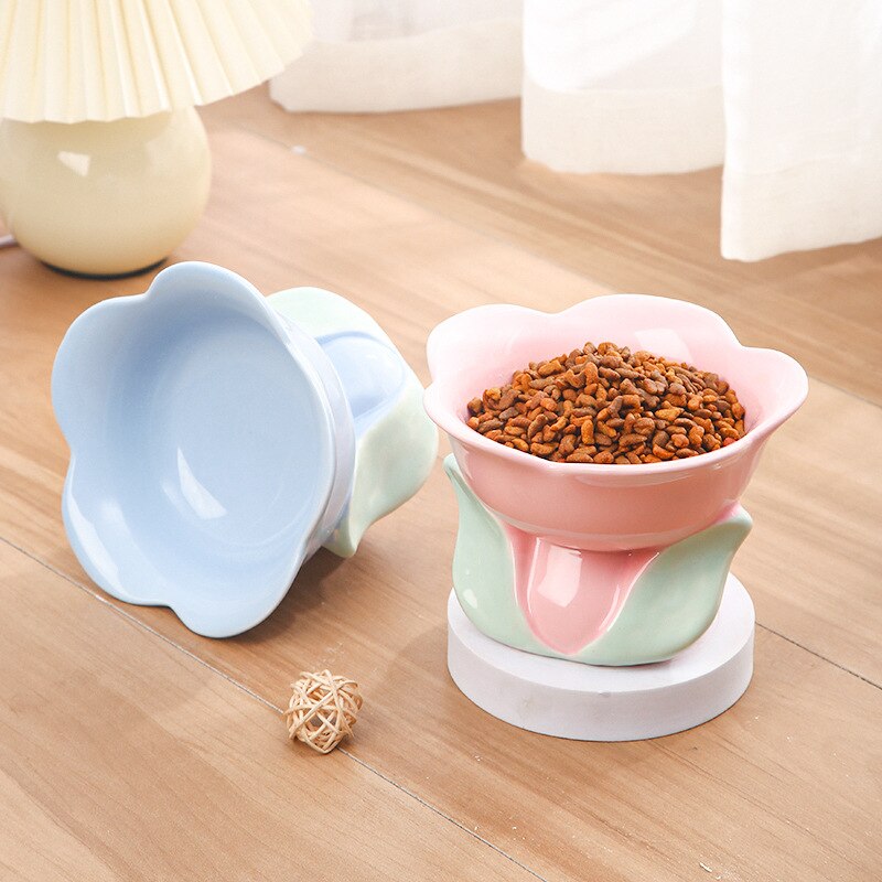 Cat Flower Bowl Raised Ceramic Pet Drinking Eating Feeders Small Dogs Elevated Non-slip Feeding Supplies Cats Puppy Products