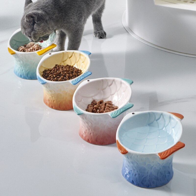 Cute Cat Ceramic Food Bowl Pet High Foot Eating Drinking Feeding Bowls Small Dog Water Feeders Fish Shape Cats Dish