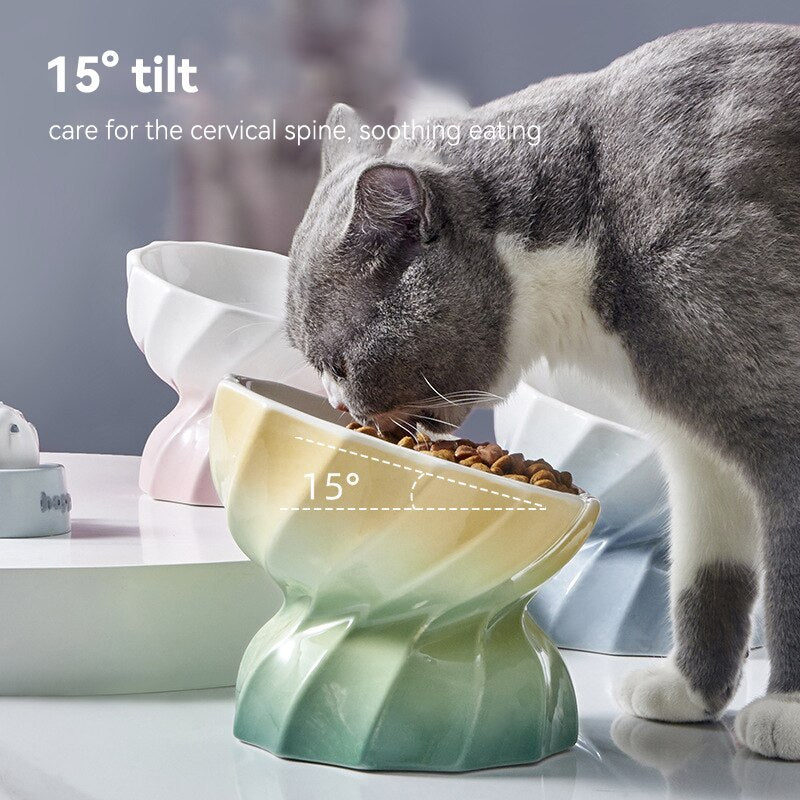 Cat Bevel Water Feeders Small Dog Eating Drinking Ceramic Bowls Pet Non-slip Food Dish Bowl Puppy Kitten Feeding Bowl with Base