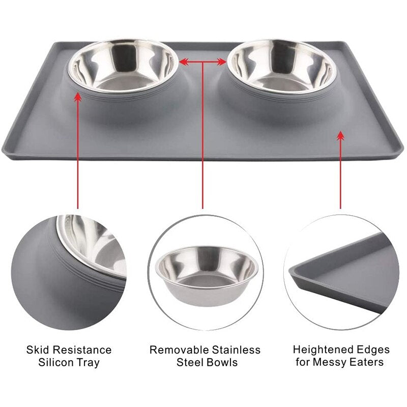 Paw-shaped Silicone Mat + Stainless Steel Pet Bowls For Dogs & Cats