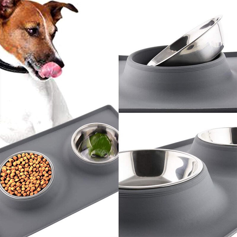 1pcs Dog Bowls with Mat, Cat Water Food Bowl Set in No Spill Silicone Mat,  Dual Pet Feeder Bowl for Puppy, Cats, Small Medium Dogs (Bone Shape, Black)