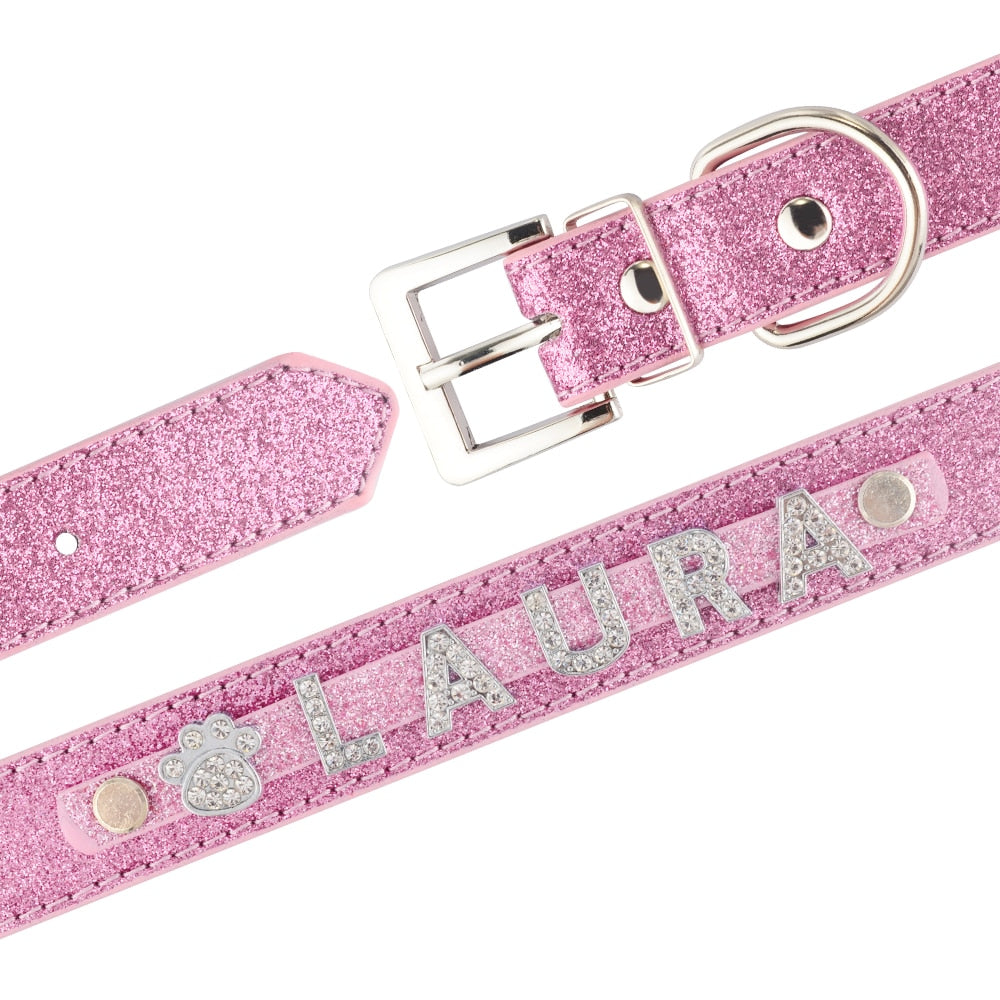 Personalized Dog Collar Leather Rhinestone Bling Charms Custom Pet Dogs Cat Name