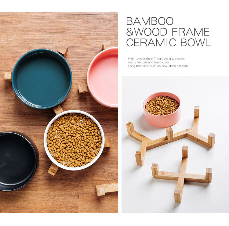Bamboo frame pet bowl Ceramic pet bowl Stylish pet food dish Durable pet bowl Non-toxic pet bowl Easy-to-clean pet dish Anti-slip pet bowl Eco-friendly pet bowl Wholesome pet dining Elegant pet food bowl