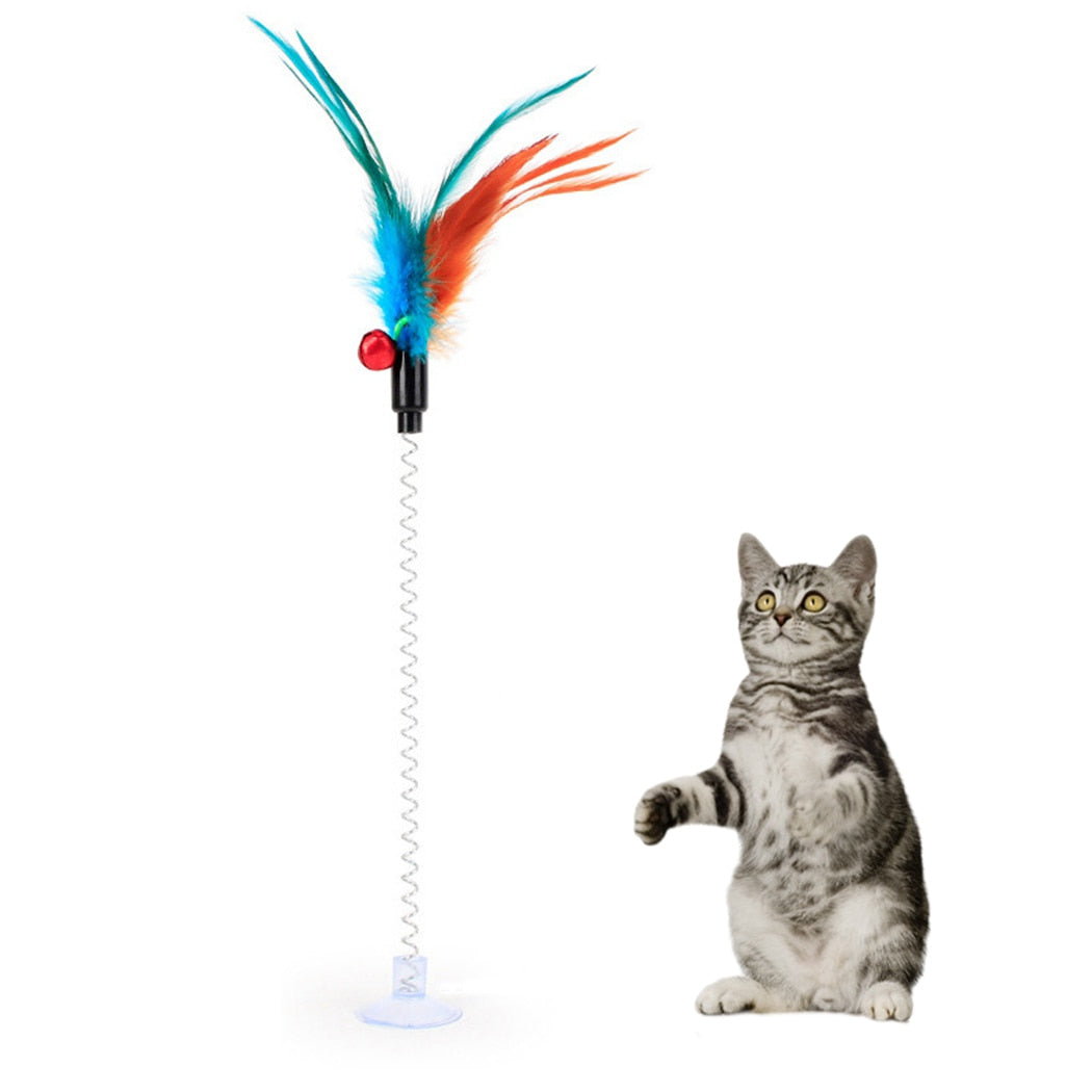 Cat toy stick with feather Interactive cat teaser wand Bell and feather cat toy Playful and colorful cat toy Durable cat entertainment Quality pet play accessory Cat exercise and fun Bonding through playtime Random color cat toy Entertaining pet supplies