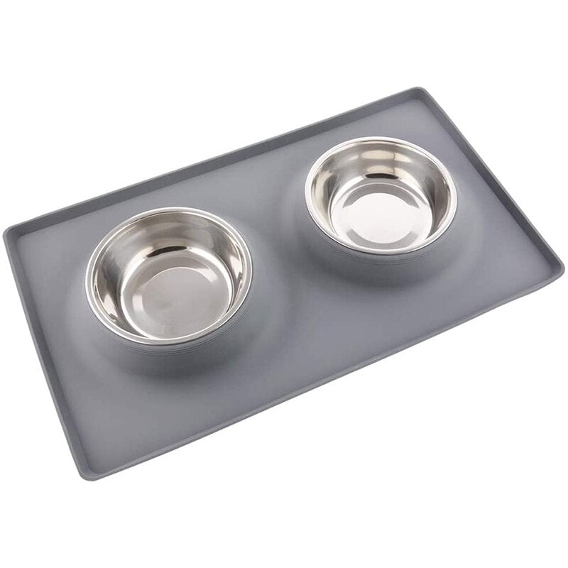 Double Dog Bowl Feeding Station, Skid Proof Silicone Base Mat with Spill Proof Raised Lip & Two 12oz Stainless Steel Bowls for Food and Water, Ideal