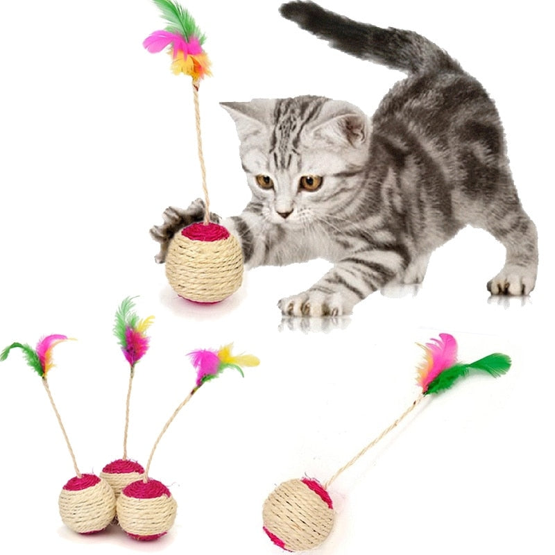 Cat sisal scratching ball Interactive pet feather toy Durable cat plaything Sisal material cat accessory Energetic cat entertainment Healthy cat exercise Stress relief cat toy Boredom-busting cat play Happy pet supplies Long-lasting cat fun