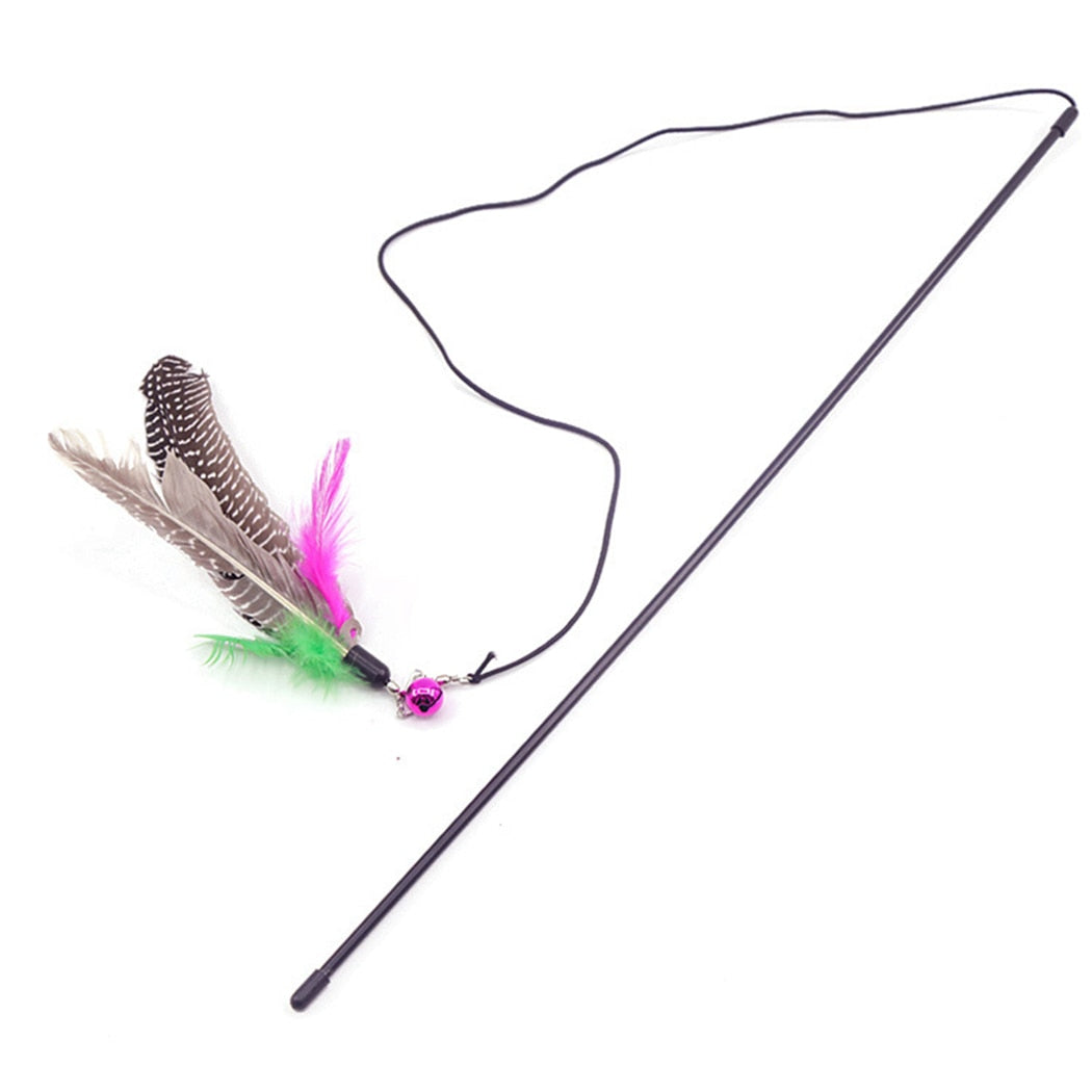 Cat toy stick with feather Interactive cat teaser wand Bell and feather cat toy Playful and colorful cat toy Durable cat entertainment Quality pet play accessory Cat exercise and fun Bonding through playtime Random color cat toy Entertaining pet supplies