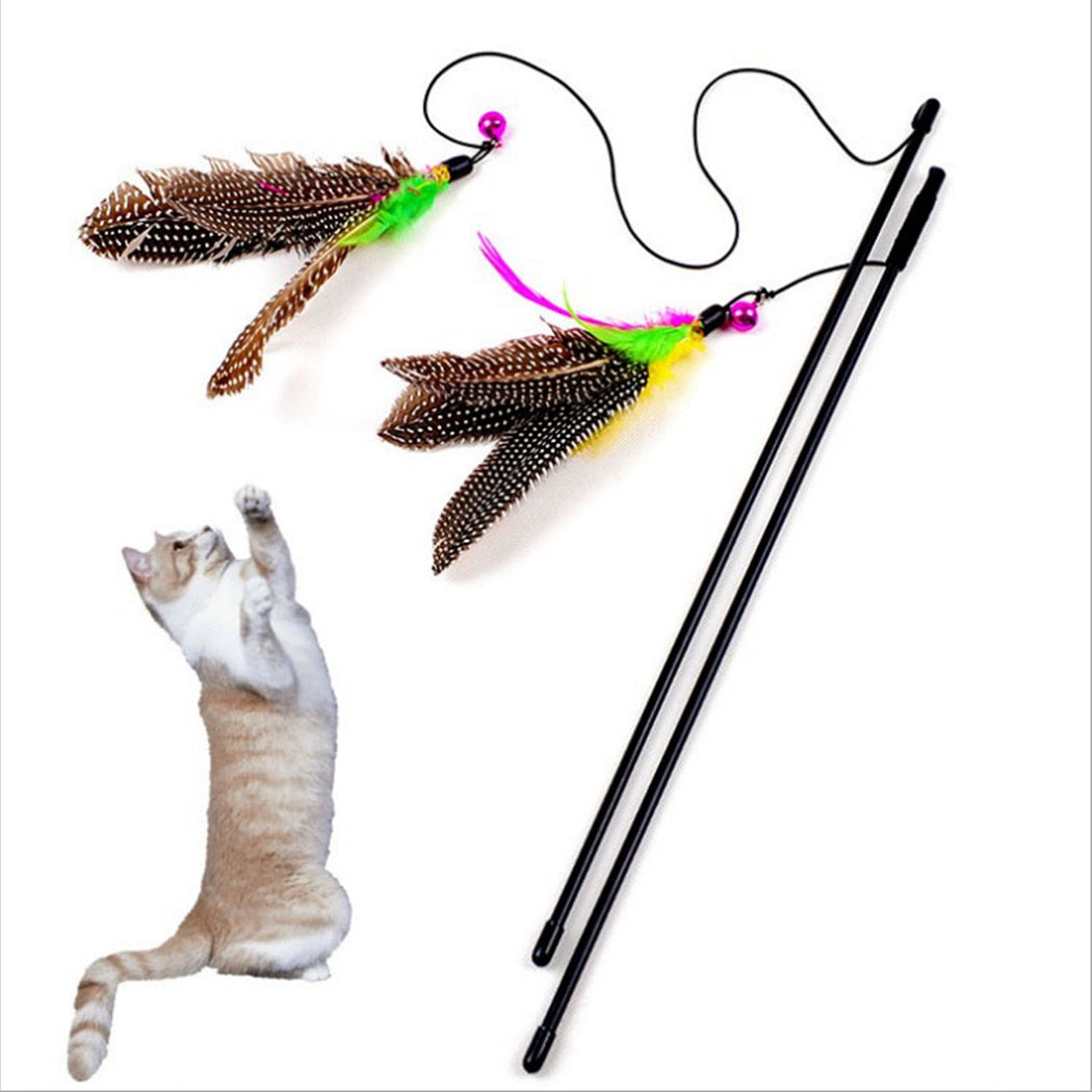 1pc Cat Toy Stick Feather Wand With Bell Mouse Cage Toys Plastic Artificial Colorful Cat Teaser Toy Pet Supplies Random Color