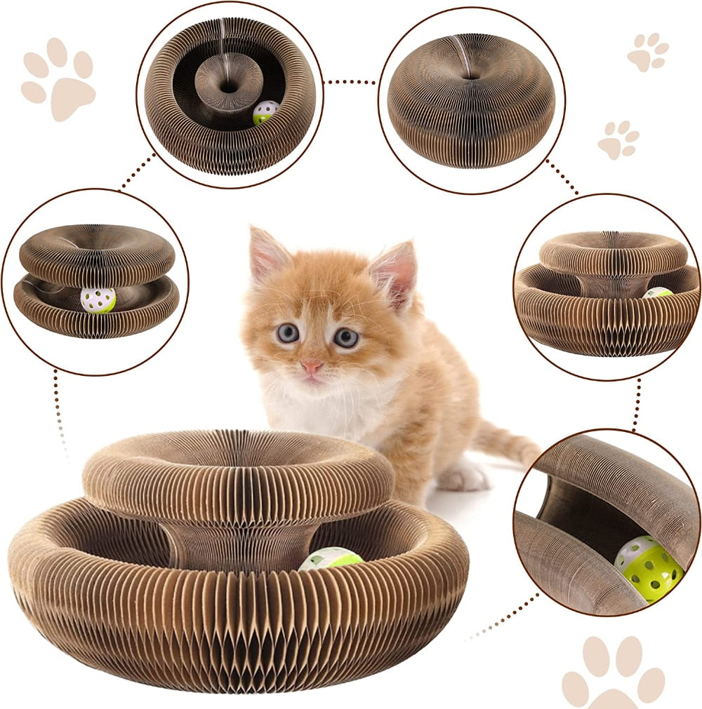 Cat scratching board with toy Interactive cat toy bell Cat grinding claw scratcher Foldable cat scratching board Multi-purpose cat toy Healthy cat claws Playful cat accessory Space-saving cat toy Happy feline friend Cat scratcher for nail care