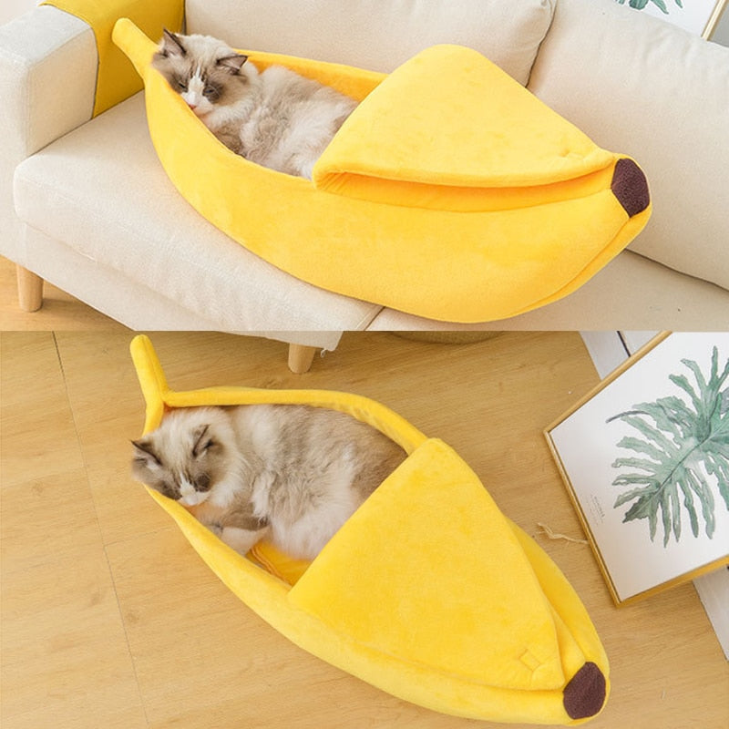 Funny cat bed Banana cat house Quirky pet bed Stylish cat furniture Cozy pet retreat Plush cat bed Cat-friendly design Pet gift ideas Small dog bed Versatile cat hideaway