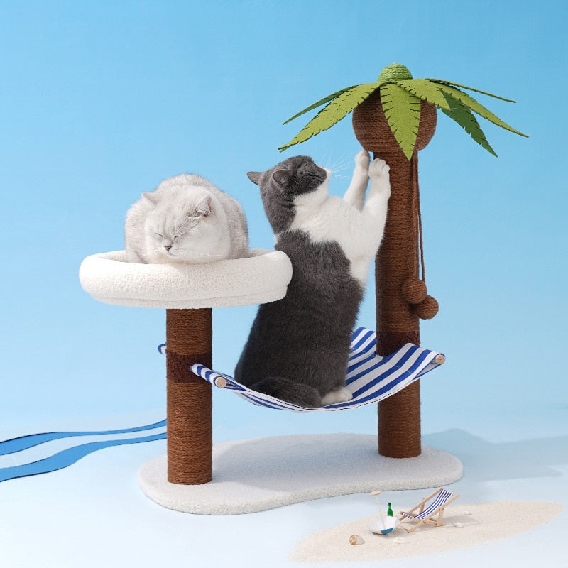 Coconut tree scratch tower Cat playground toy Sturdy cat scratcher Cat exercise equipment Tropical cat tree Sisal-wrapped cat tower Interactive cat toy Fun cat furniture Happy and healthy cats Premium pet products